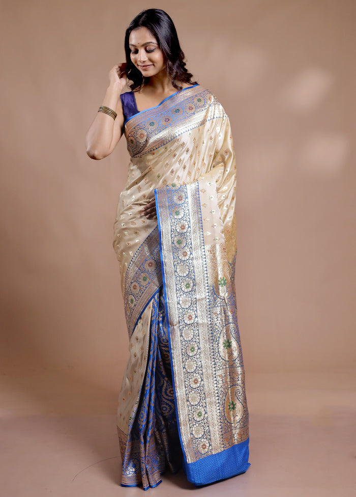 Cream Banarasi Silk Saree With Blouse Piece - Indian Silk House Agencies