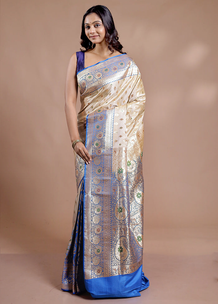 Cream Banarasi Silk Saree With Blouse Piece - Indian Silk House Agencies