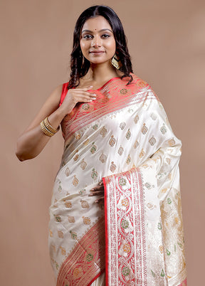 Cream Banarasi Silk Saree With Blouse Piece - Indian Silk House Agencies