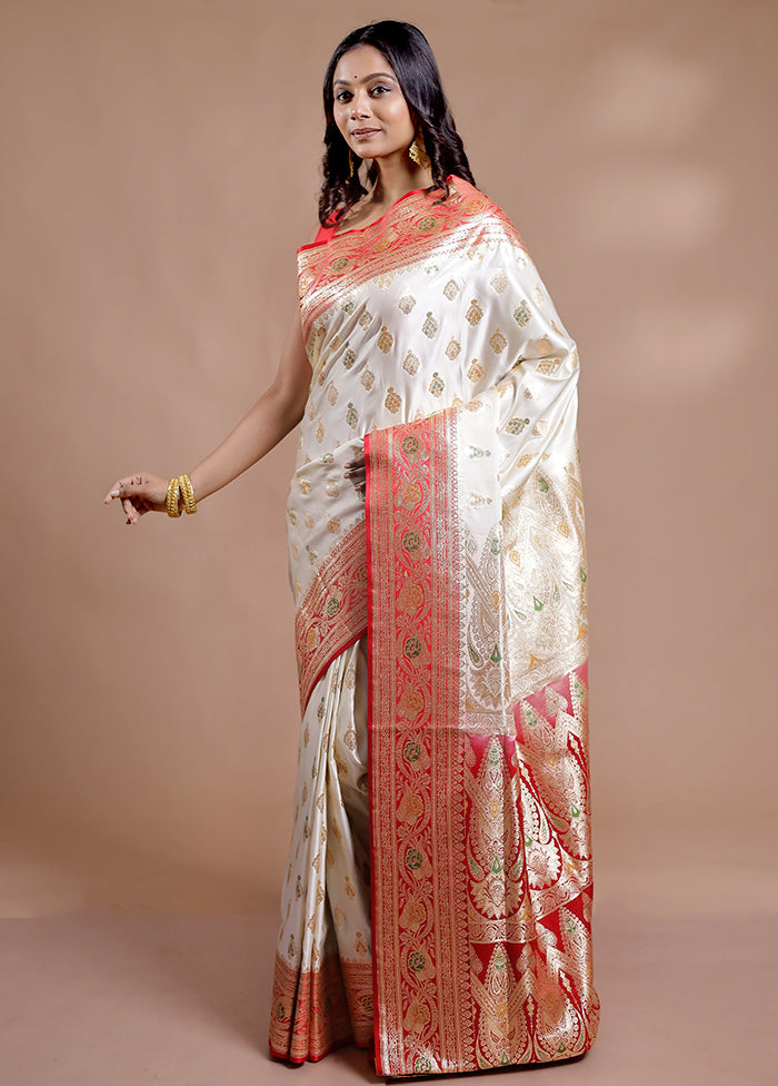 Cream Banarasi Silk Saree With Blouse Piece - Indian Silk House Agencies