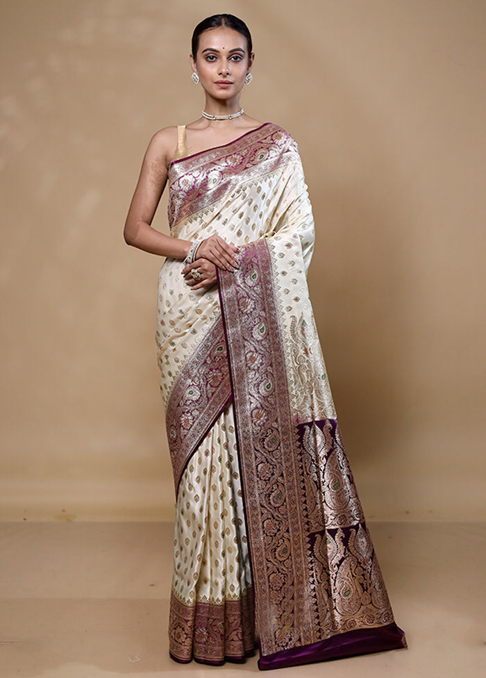 White Banarasi Silk Saree With Blouse Piece