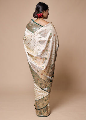 White Banarasi Silk Saree With Blouse Piece