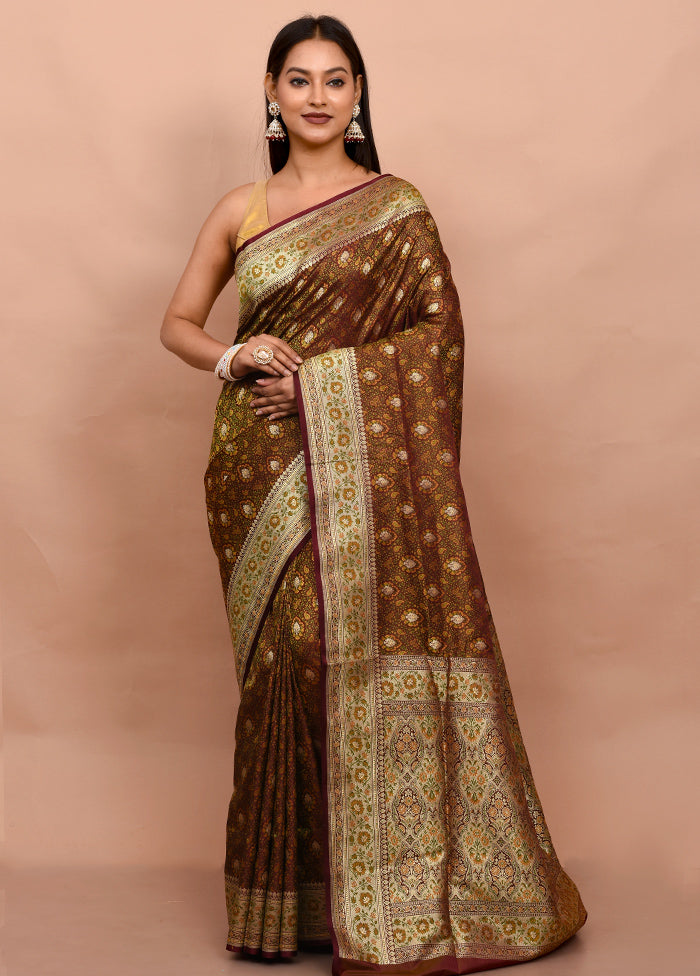 Brown Tanchoi Banarasi Silk Saree With Blouse Piece - Indian Silk House Agencies