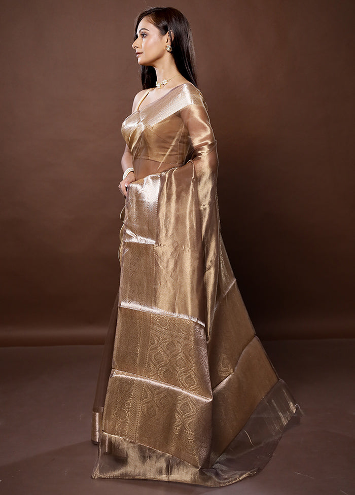 Brown Handloom Tissue Pure Silk Saree With Blouse Piece