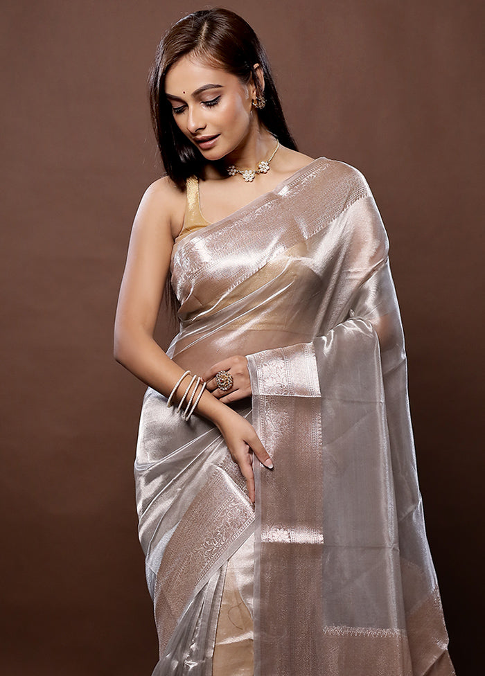 Grey Handloom Tissue Pure Silk Saree With Blouse Piece