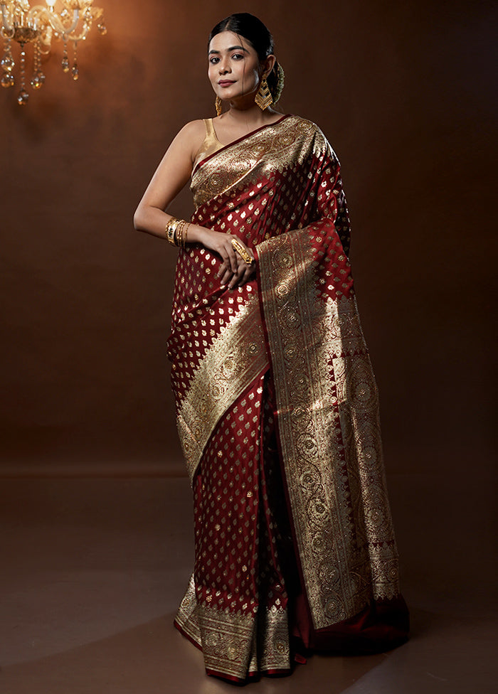 Maroon Banarasi Silk Saree With Blouse Piece