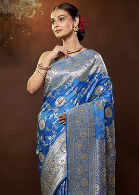 Blue Banarasi Silk Saree With Blouse Piece - Indian Silk House Agencies