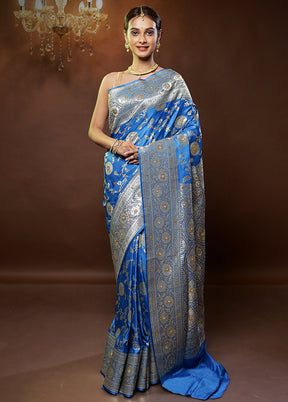 Blue Banarasi Silk Saree With Blouse Piece - Indian Silk House Agencies