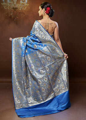 Blue Banarasi Silk Saree With Blouse Piece - Indian Silk House Agencies