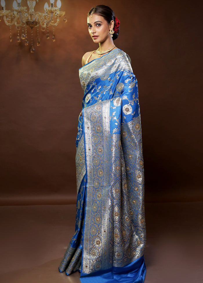 Blue Banarasi Silk Saree With Blouse Piece - Indian Silk House Agencies