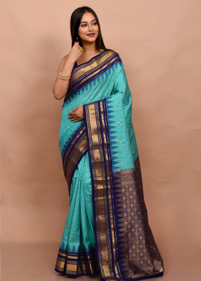 Blue Gadwal Silk Saree Without Blouse Piece - Indian Silk House Agencies