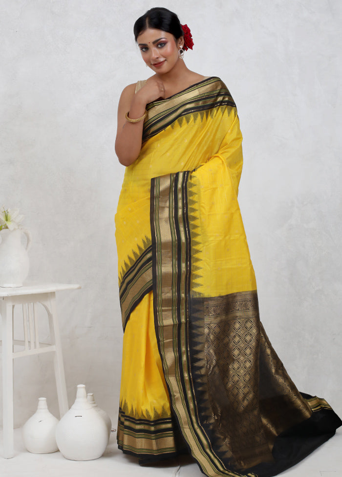 Yellow Gadwal Pure Silk Saree Without Blouse Piece - Indian Silk House Agencies