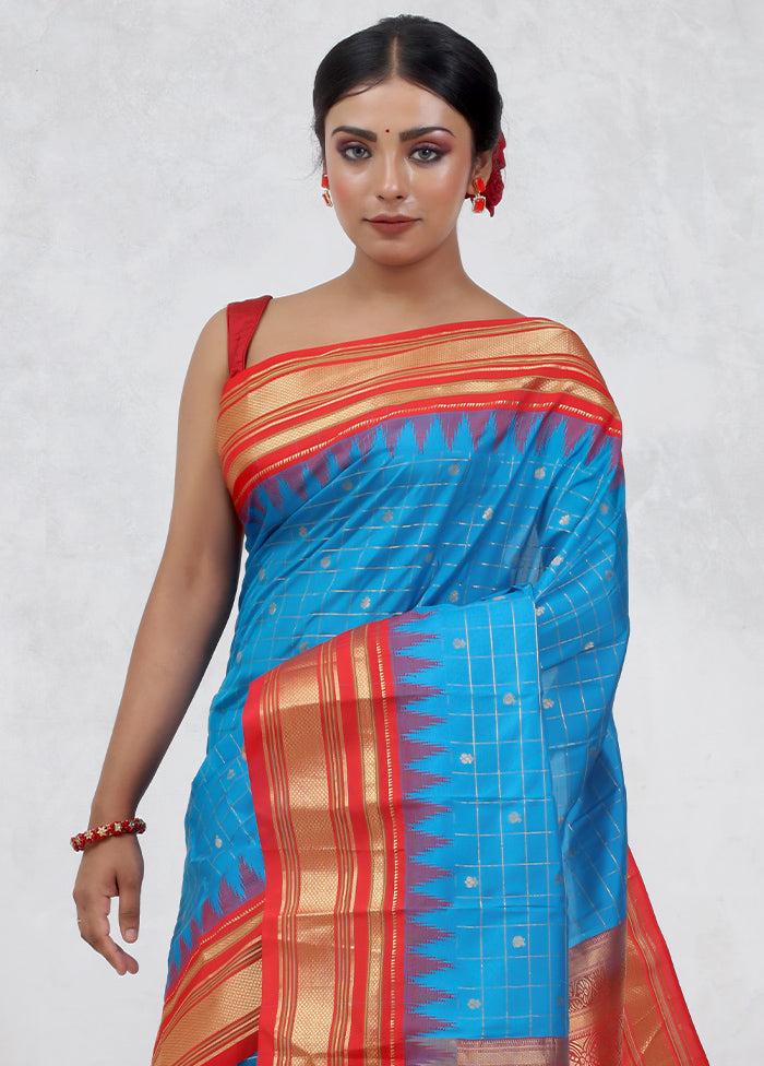 Blue Gadwal Pure Silk Saree Without Blouse Piece