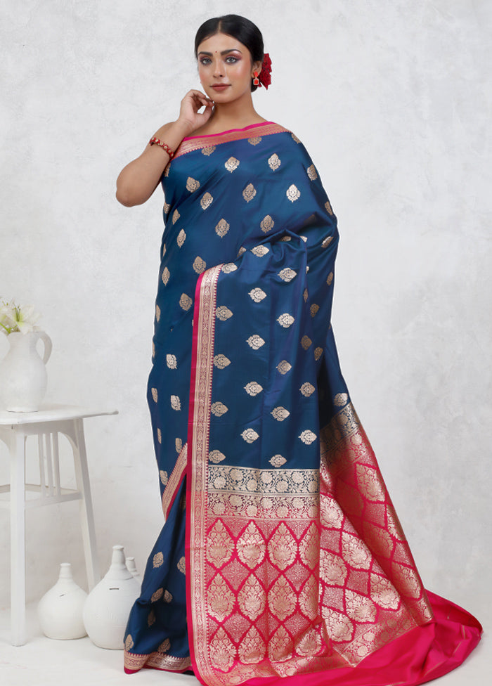 Blue Banarasi Silk Saree Without Blouse Piece