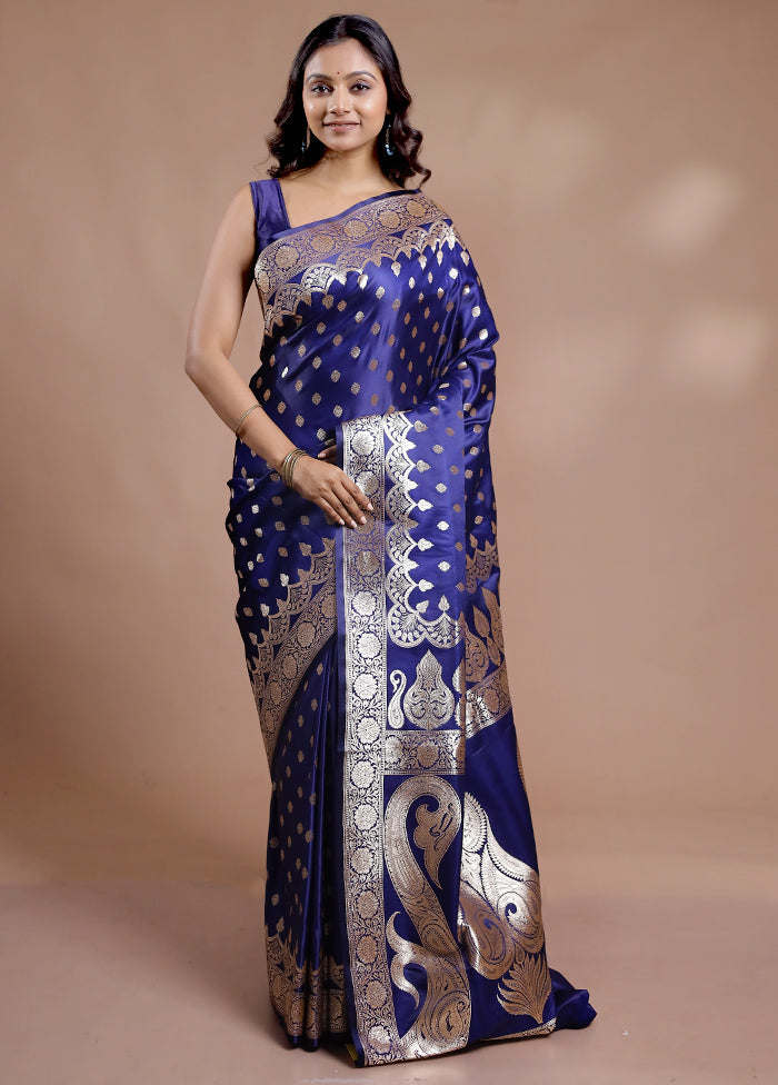 Blue Banarasi Silk Saree With Blouse Piece