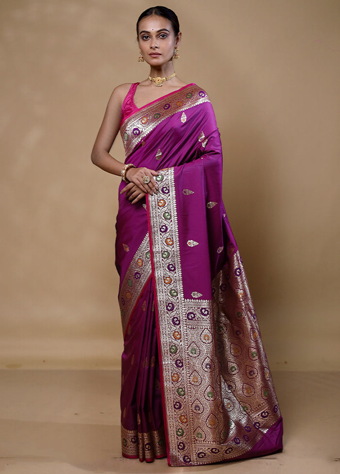 Purple Handloom Banarasi Pure Silk Saree With Blouse Piece