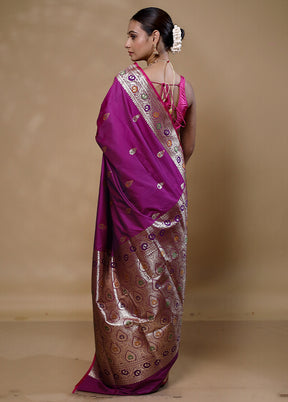 Purple Handloom Banarasi Pure Silk Saree With Blouse Piece