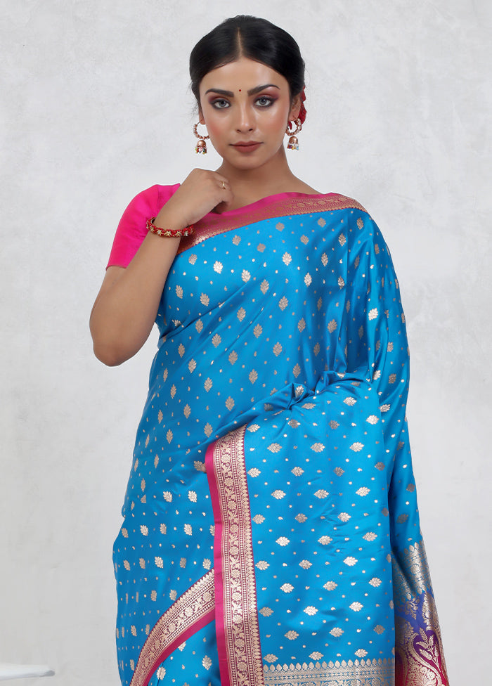 Blue Banarasi Silk Saree Without Blouse Piece