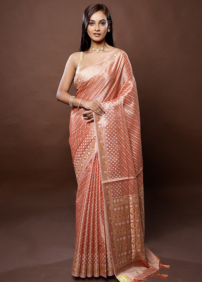 Peach Kora Silk Saree With Blouse Piece