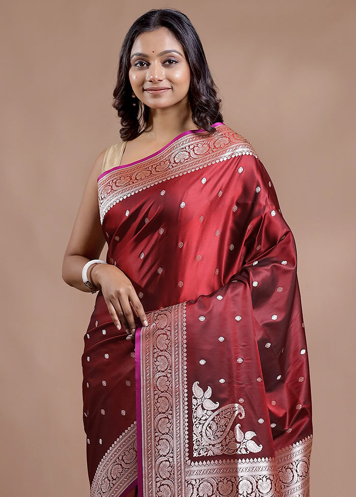 Maroon Banarasi Silk Saree With Blouse Piece