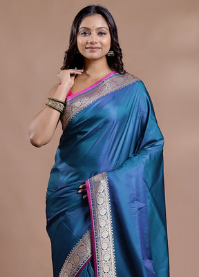 Blue Banarasi Silk Saree With Blouse Piece - Indian Silk House Agencies