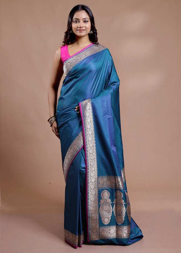 Blue Banarasi Silk Saree With Blouse Piece - Indian Silk House Agencies