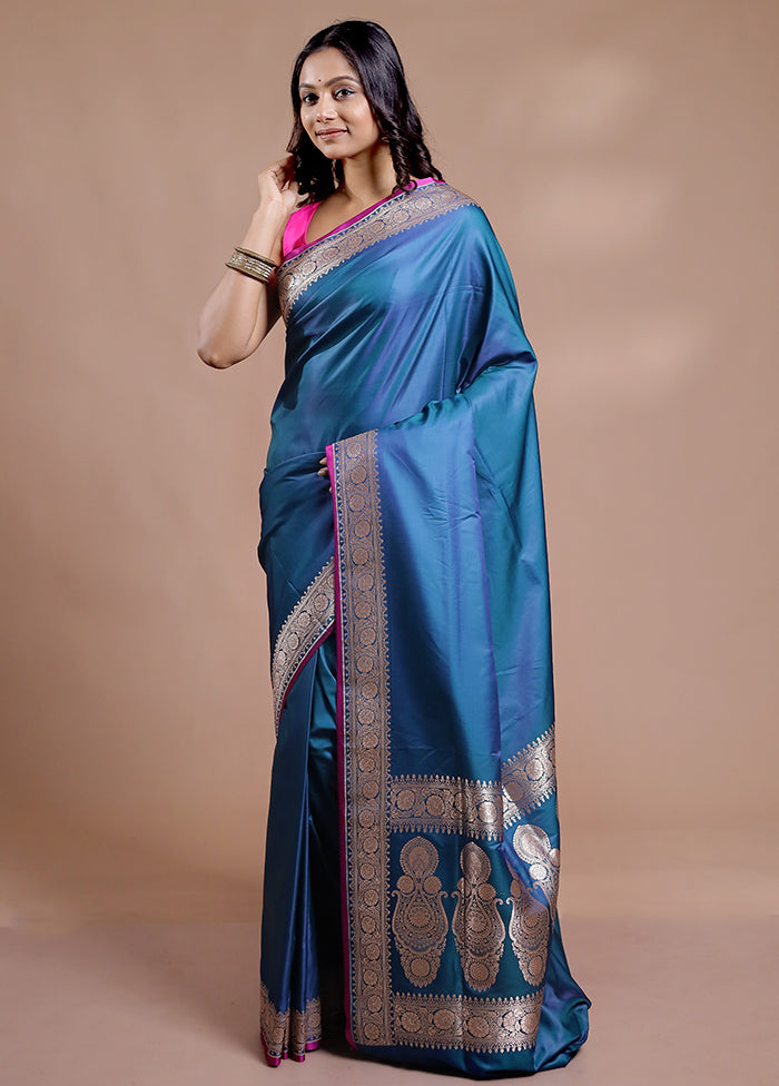 Blue Banarasi Silk Saree With Blouse Piece - Indian Silk House Agencies