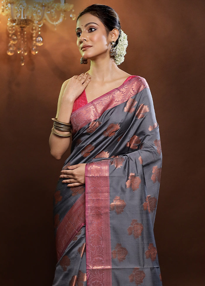 Grey Dupion Silk Saree With Blouse Piece - Indian Silk House Agencies