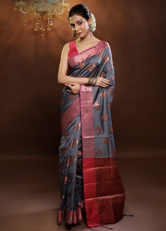 Grey Dupion Silk Saree With Blouse Piece - Indian Silk House Agencies