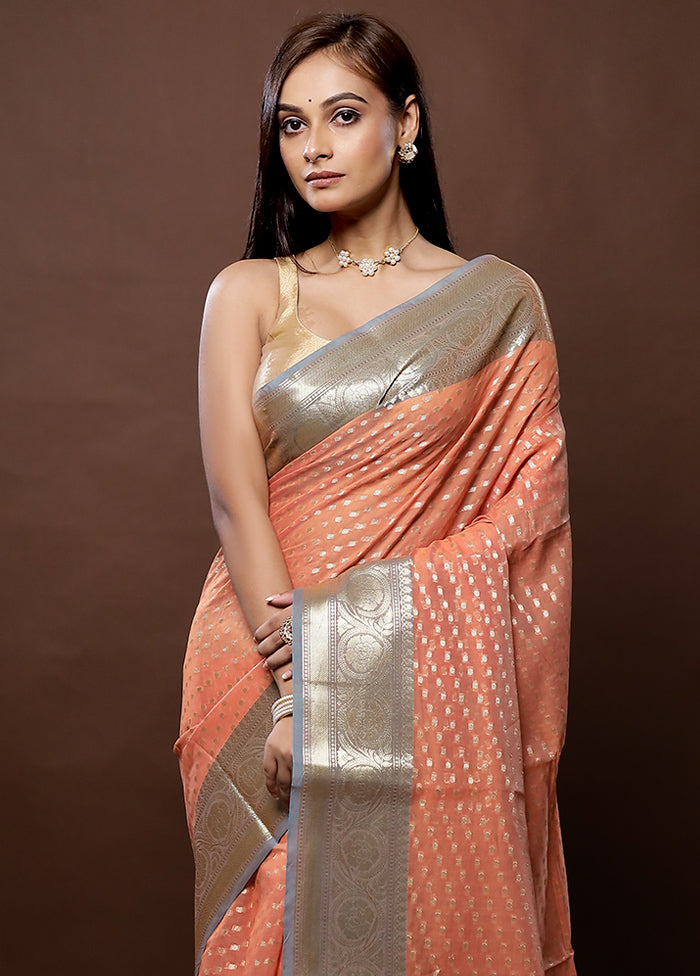 Peach Kora Silk Saree With Blouse Piece