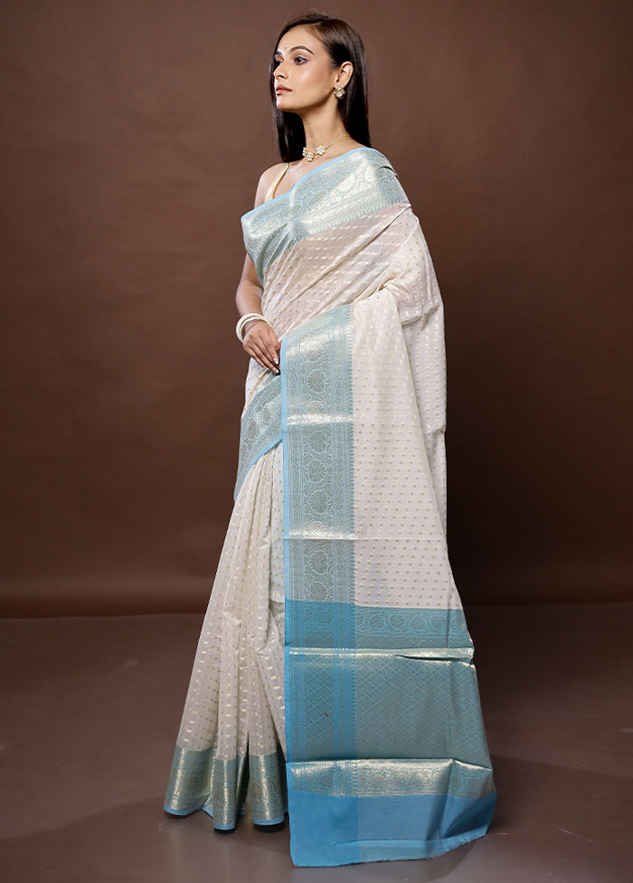 White Kora Silk Saree With Blouse Piece