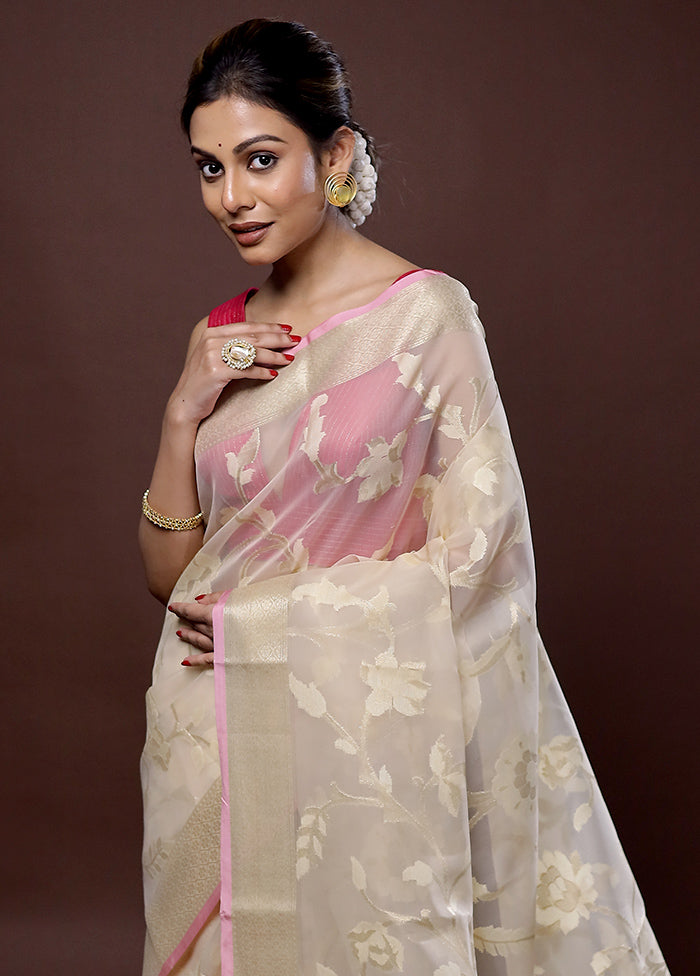 Cream Organza Saree With Blouse Piece