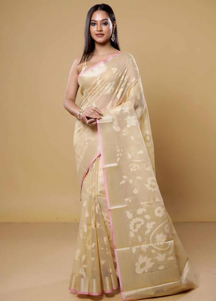 Cream Organza Saree With Blouse Piece