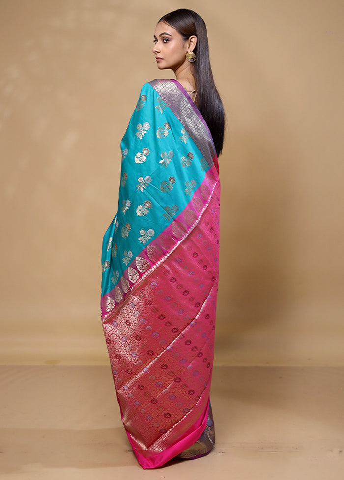 Blue Dupion Silk Saree With Blouse Piece