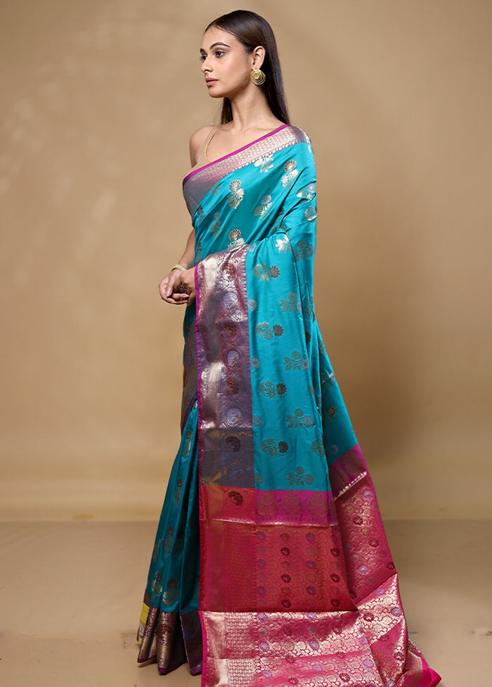 Blue Dupion Silk Saree With Blouse Piece