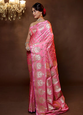 Pink Banarasi Silk Saree With Blouse Piece