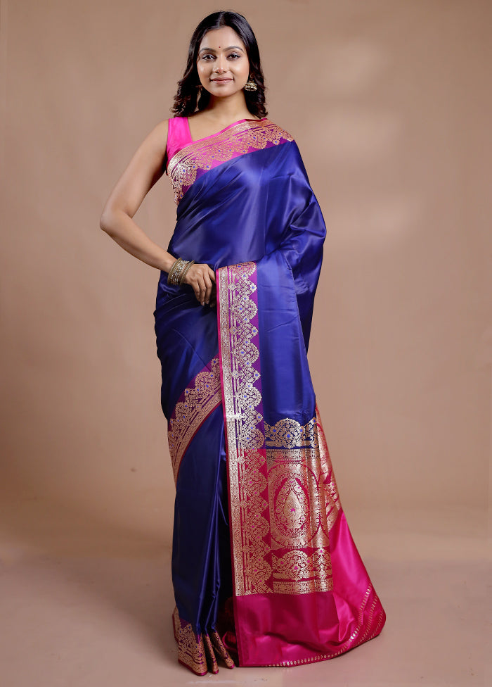 Blue Banarasi Silk Saree With Blouse Piece - Indian Silk House Agencies