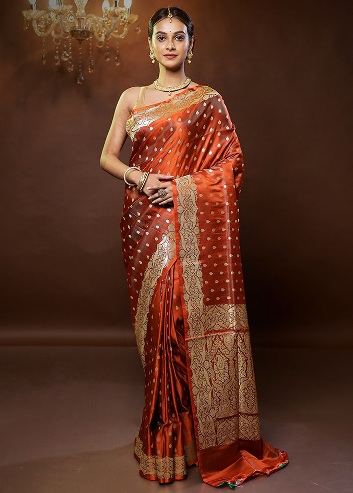 Orange Handloom Banarasi Pure Silk Saree With Blouse Piece - Indian Silk House Agencies