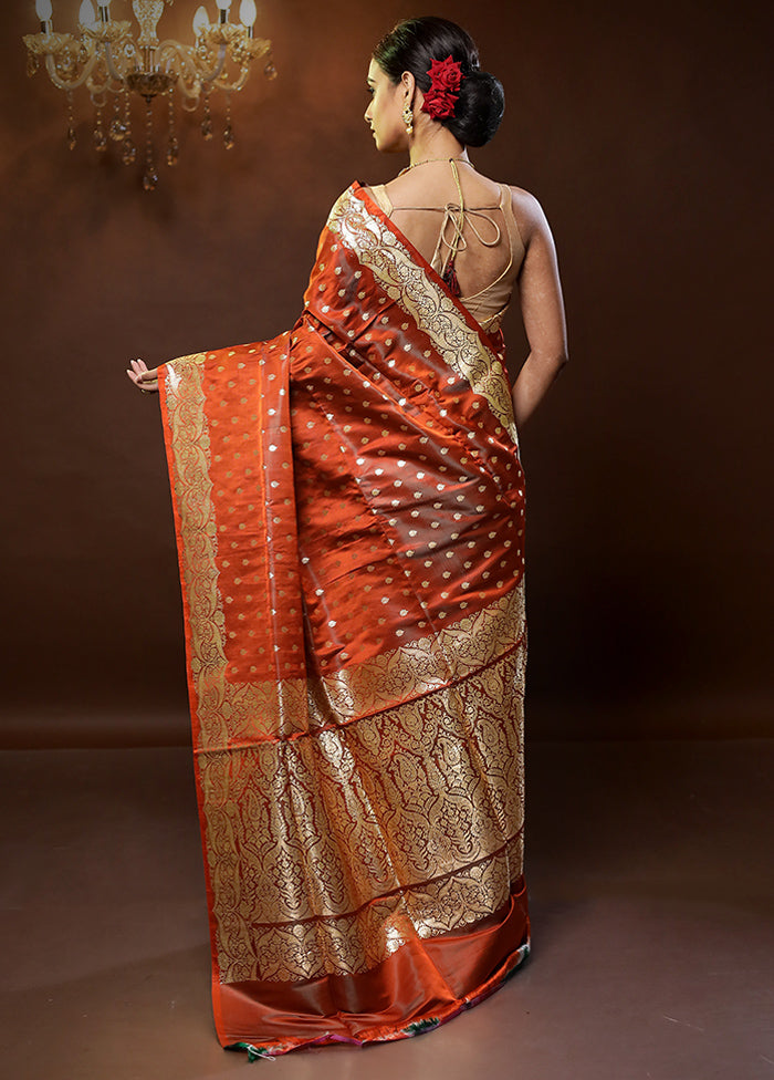 Orange Handloom Banarasi Pure Silk Saree With Blouse Piece - Indian Silk House Agencies