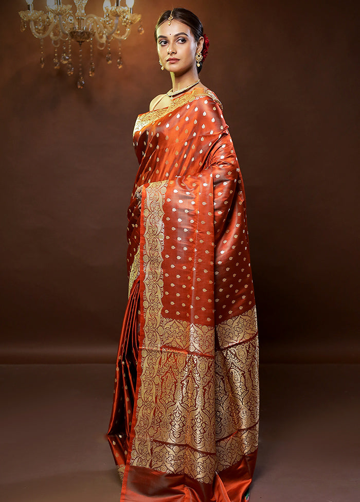 Orange Handloom Banarasi Pure Silk Saree With Blouse Piece - Indian Silk House Agencies