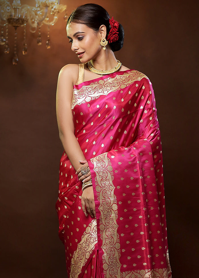 Pink Handloom Banarasi Pure Silk Saree With Blouse Piece