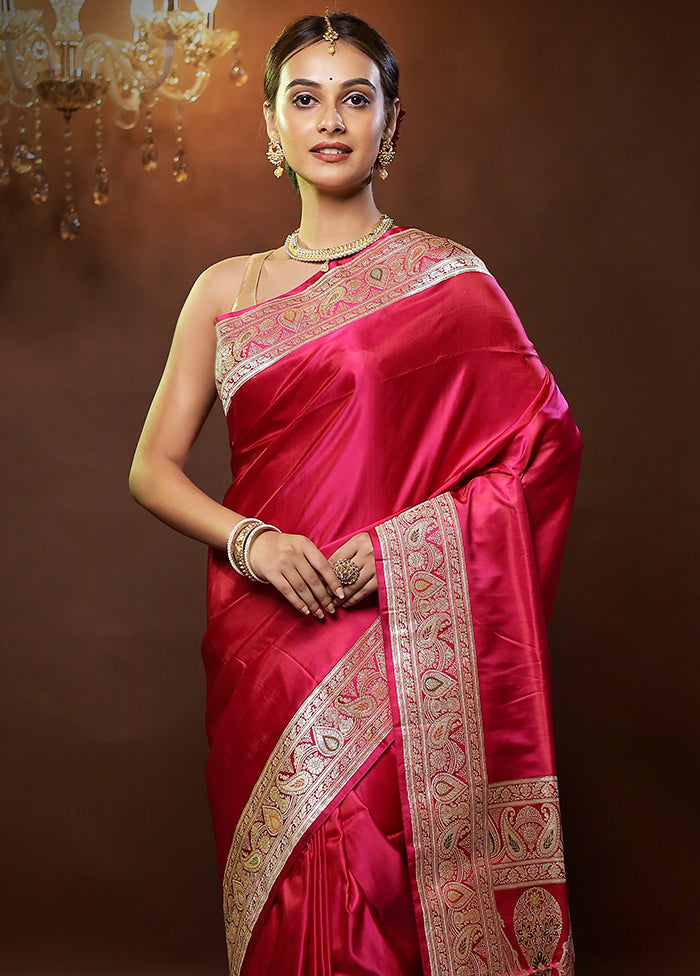 Pink Handloom Banarasi Pure Silk Saree With Blouse Piece