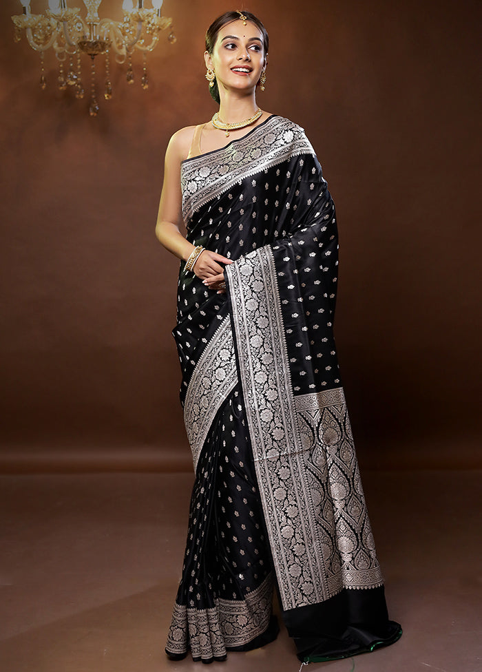 Black Handloom Banarasi Pure Silk Saree With Blouse Piece