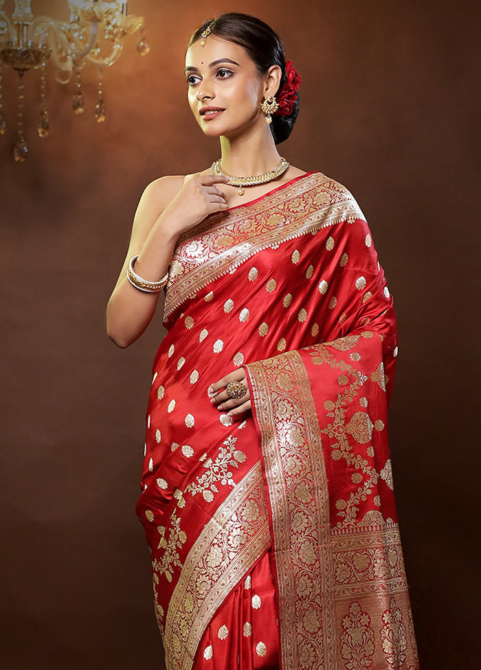 Red Handloom Banarasi Pure Silk Saree With Blouse Piece
