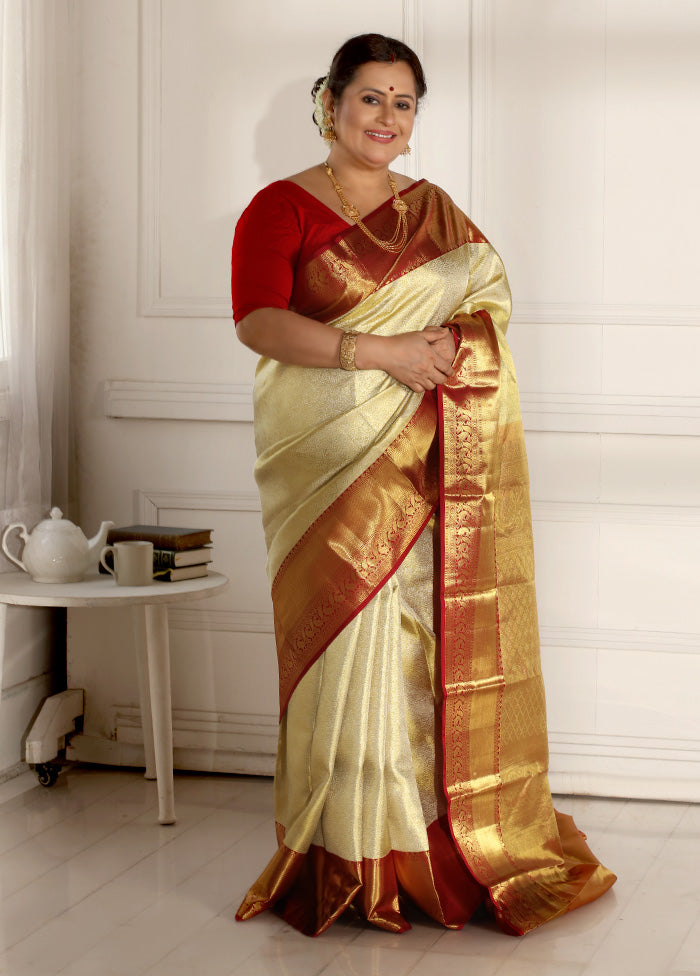Gold Kanchipuram Pure Silk Saree With Blouse Piece