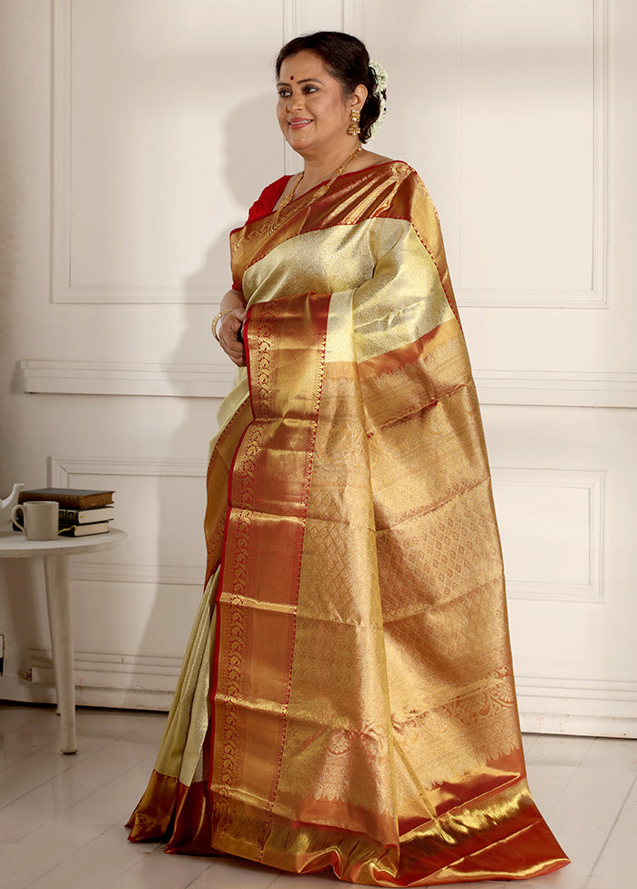 Gold Kanchipuram Pure Silk Saree With Blouse Piece