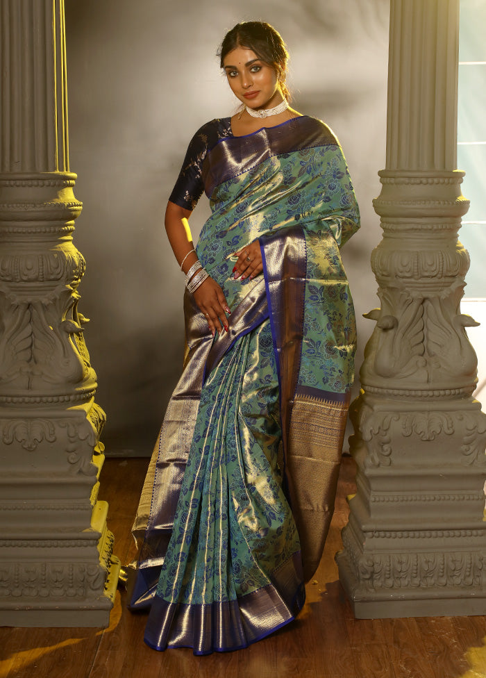 Blue Kanchipuram Pure Silk Saree With Blouse Piece