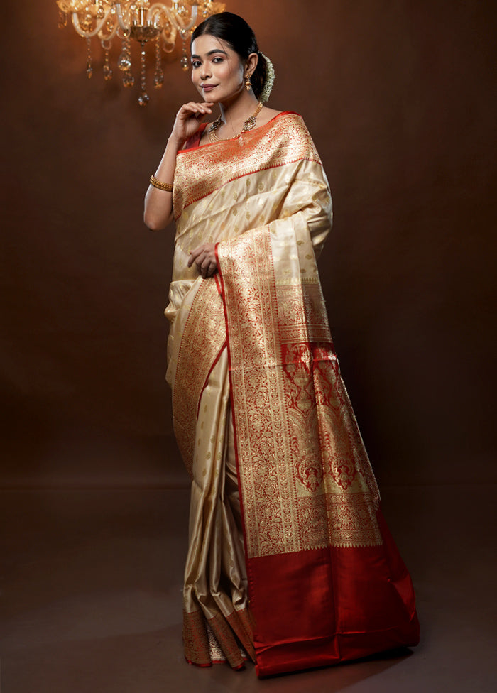 Cream Handloom Banarasi Pure Silk Saree With Blouse Piece