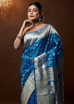 Blue Handloom Banarasi Pure Silk Saree With Blouse Piece