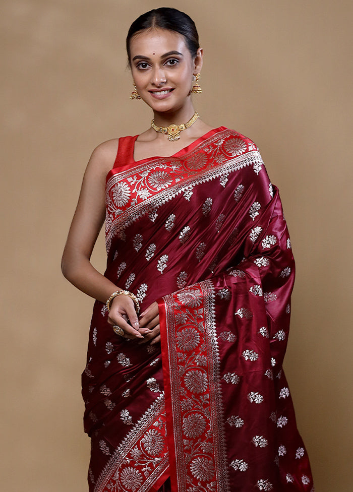 Maroon Banarasi Silk Saree With Blouse Piece